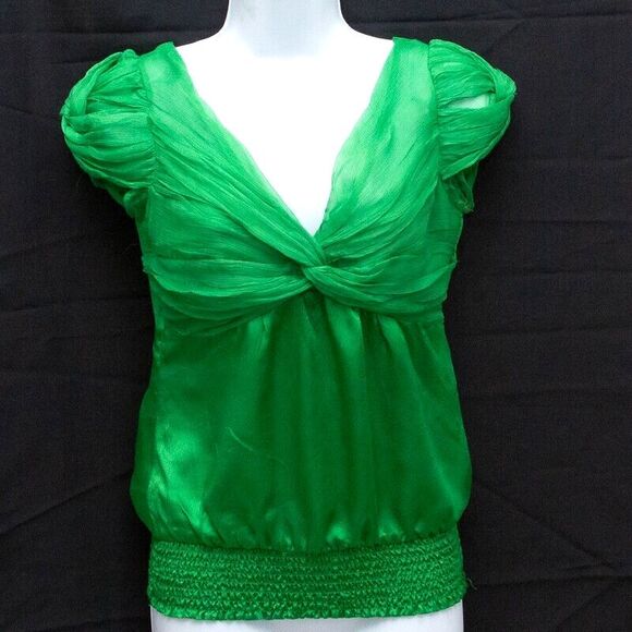 Bebe Vintage Y2K Trendy Green Satin V Neck Short Sleeve Top XS Elastic Waist - Picture 1 of 6